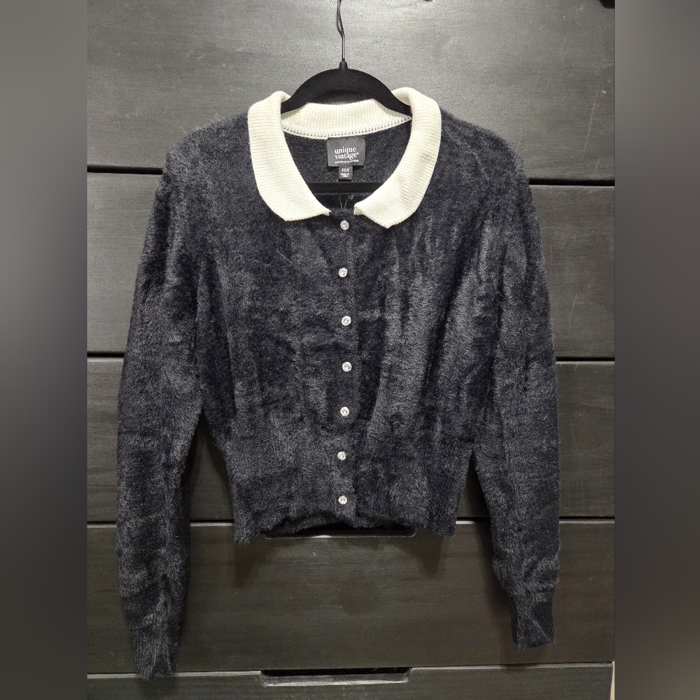 Unique Vintage Womens Collared Knit Cardigan Black White Fuzzy Sweater Goth Emo